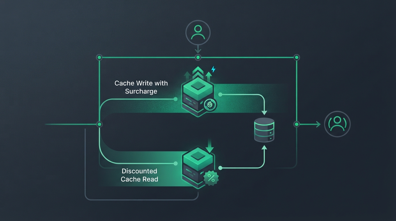 Clean architectural flow diagram showing a user request splitting into cache write with a surcharge versus discounted cache read, minimalist vector style on dark background