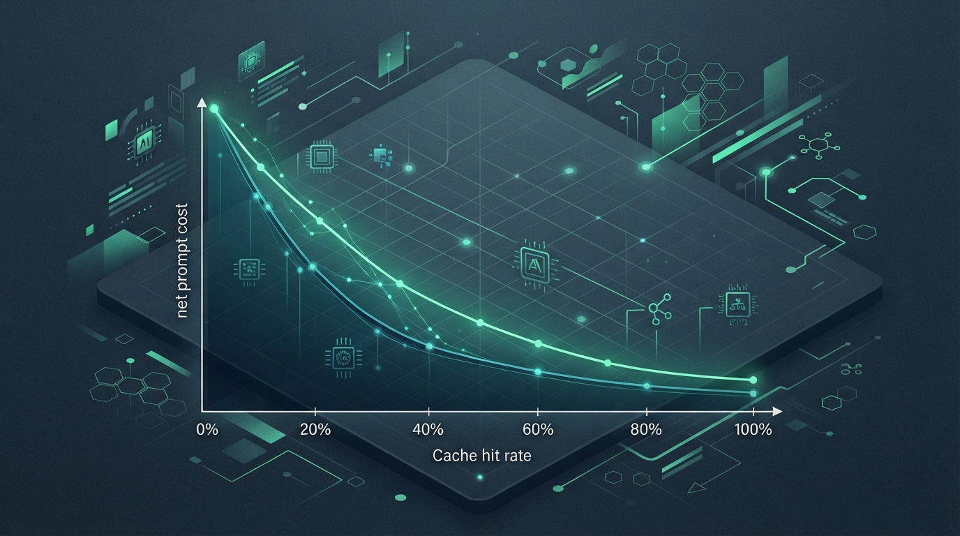 Comparative financial chart displaying net prompt cost curves across varying cache hit percentages from 0% to 100% for OpenAI and Anthropic, clean technical styling