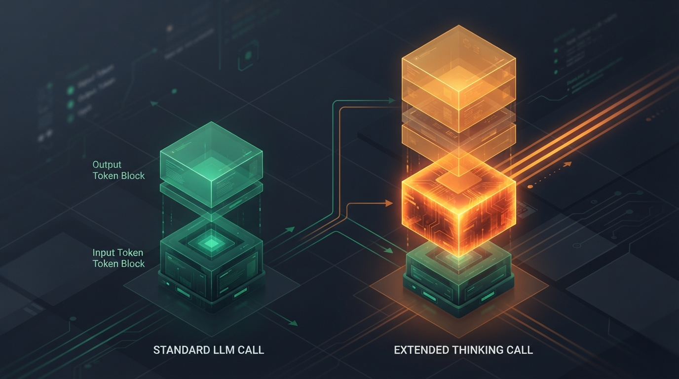 A clean isometric infographic illustrating the token billing distribution between standard LLM calls and extended thinking calls, highlighting the massive expansion of the output token block in warm amber, modern minimal technical aesthetic, dark background, no text.