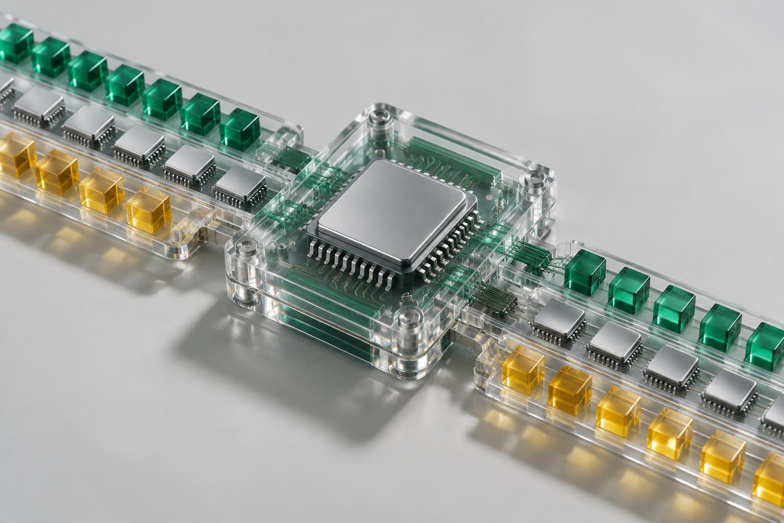 An editorial illustration of a processor with green and yellow data streams
